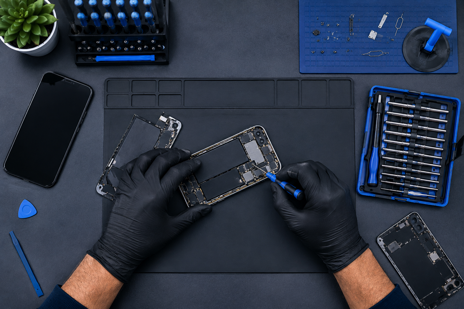 Technician repairing a broken smartphone and electronics